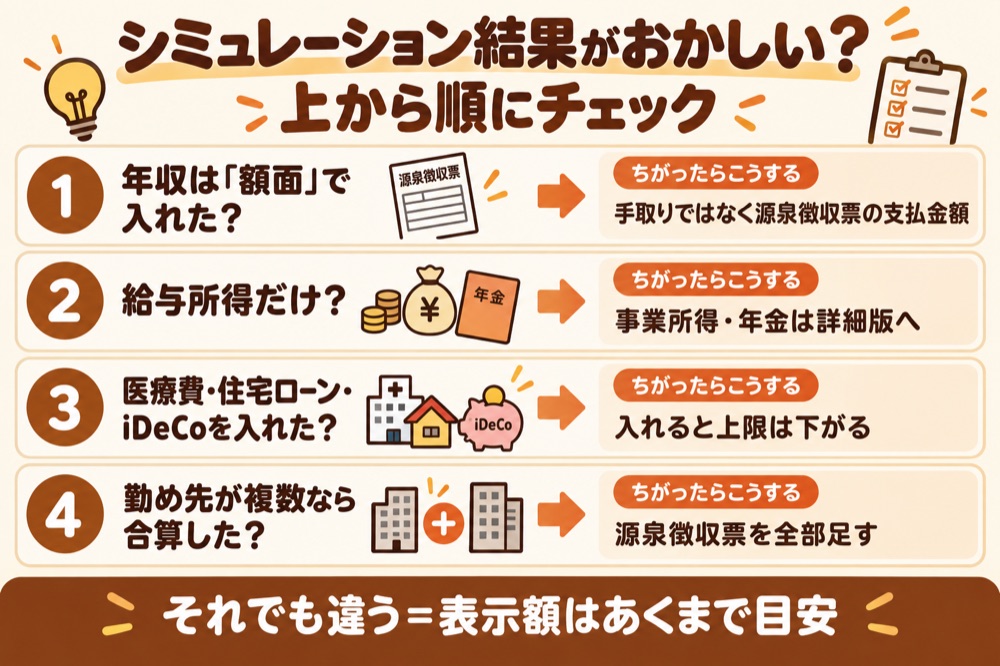 楽天ふるさと納税のシミュレーション結果がおかしいときに確認する順番を示した図解
