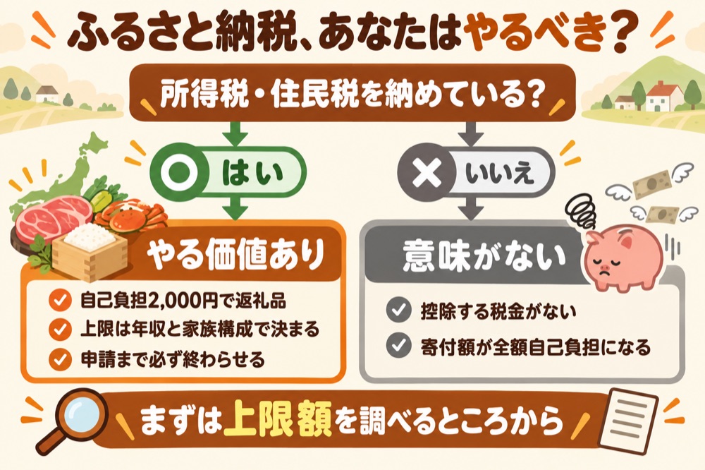ふるさと納税をやるべきかを税金を納めているかで判断する分岐図