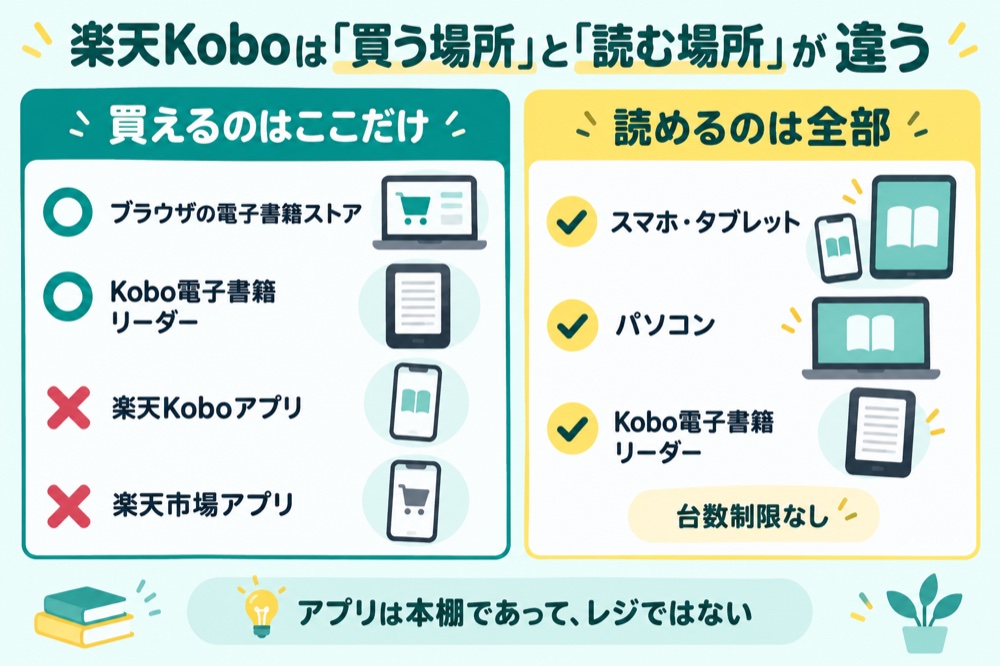 楽天Koboは買う場所と読む場所が違う（買えるのはブラウザのストアとKobo電子書籍リーダーだけ・読めるのはスマホもパソコンも端末も）