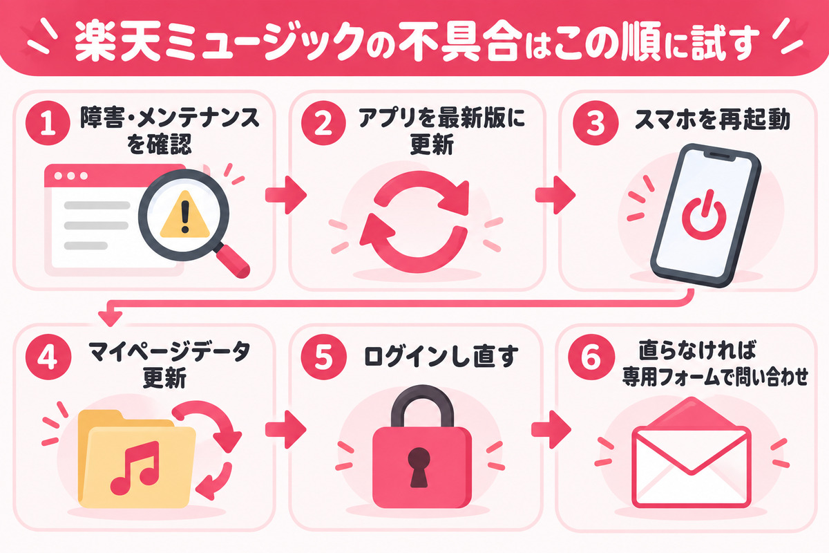 楽天ミュージックの不具合を直す順番。障害情報を確認、アプリを最新版に更新、スマホを再起動、マイページデータ更新、ログインし直す、直らなければ専用フォームで問い合わせ