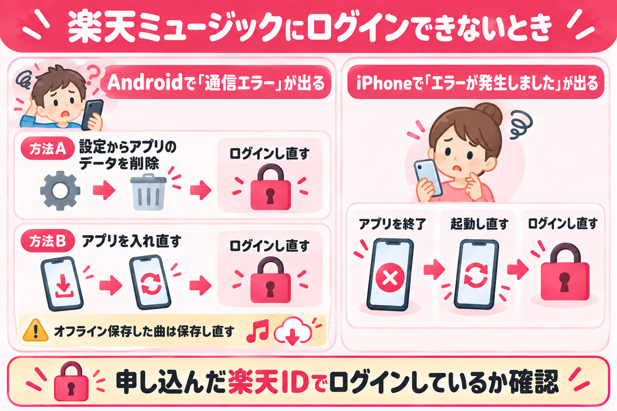 楽天ミュージックにログインできないときの直し方。Androidの通信エラーはアプリのデータ削除か入れ直し、iPhoneのエラーはアプリを起動し直してログイン、どちらも申し込んだ楽天IDでログイン