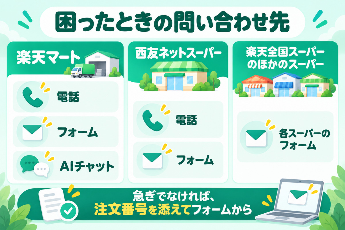 楽天のネットスーパーの問い合わせ先。楽天マートは電話・フォーム・AIチャット、西友ネットスーパーは電話・フォーム、楽天全国スーパーのほかのスーパーは各スーパーのフォーム。急ぎでなければ注文番号を添えてフォームから