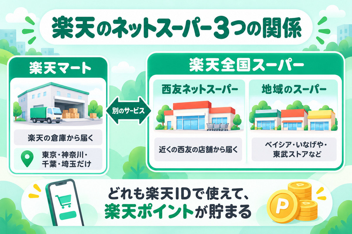 楽天のネットスーパー3つの関係。楽天マートは楽天の倉庫から届く別のサービス。楽天全国スーパーの中に、西友ネットスーパーとベイシア・いなげや・東武ストアなどの地域のスーパーがある