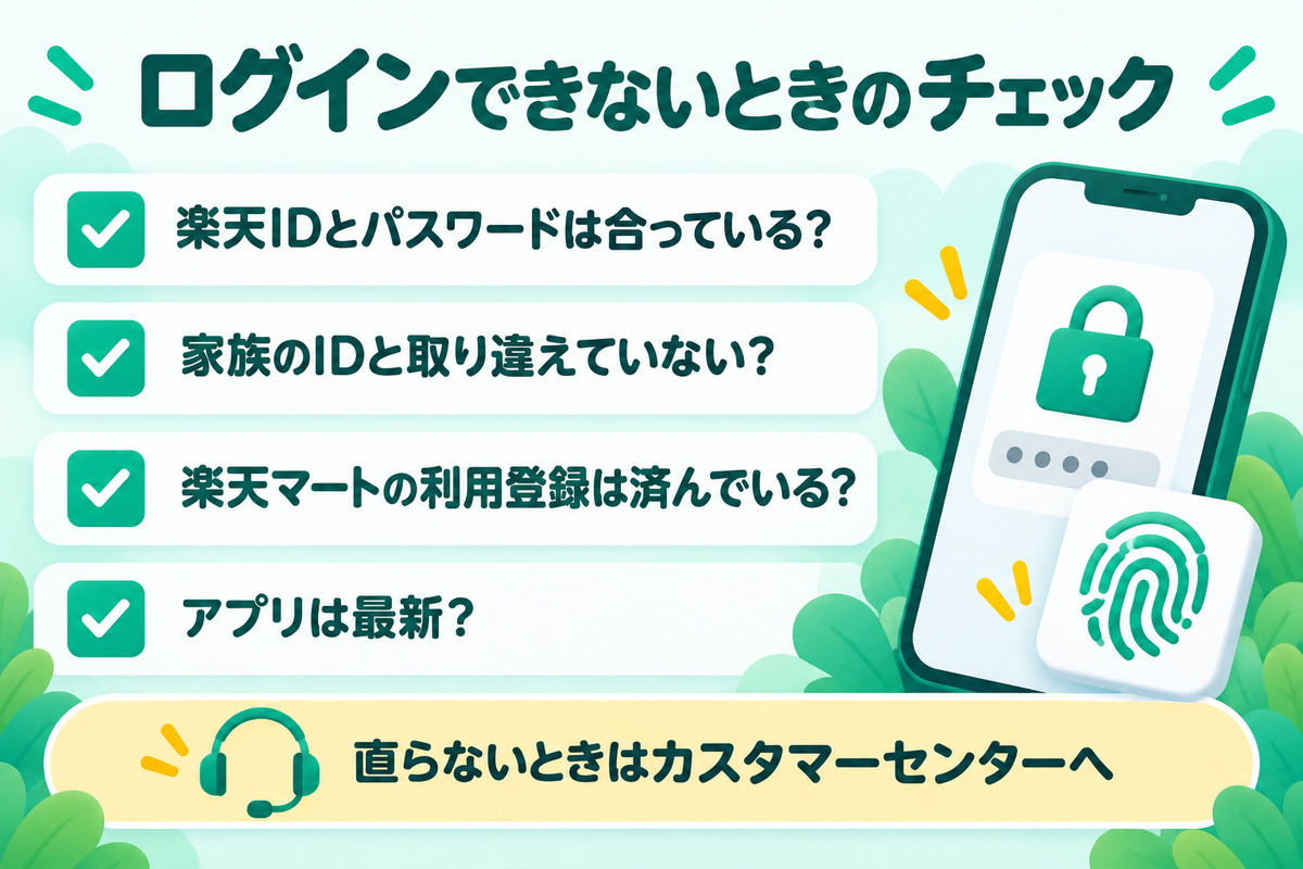 楽天マートのアプリにログインできないときのチェック。楽天IDとパスワードは合っているか、家族のIDと取り違えていないか、楽天マートの利用登録は済んでいるか、アプリは最新か。直らないときはカスタマーセンターへ