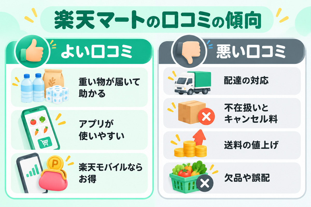 楽天マートの口コミの傾向。よい点は重い物が届く、アプリが使いやすい、楽天モバイルならお得。悪い点は配達の対応、不在扱いとキャンセル料、送料の値上げ、欠品や誤配