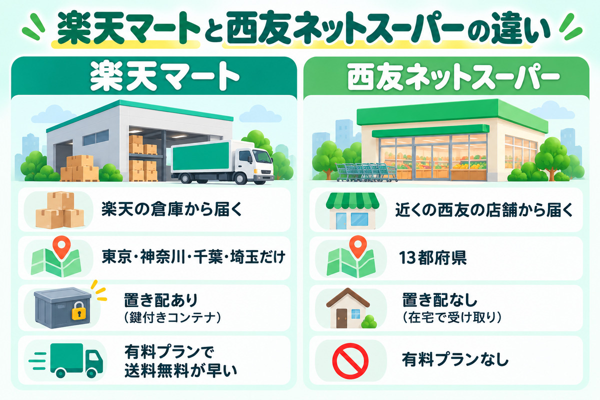 楽天マートと西友ネットスーパーの違い。楽天マートは楽天の倉庫から届き関東の1都3県だけ、置き配あり。西友ネットスーパーは近くの西友の店舗から届き13都府県、置き配なしで非対面受け取り