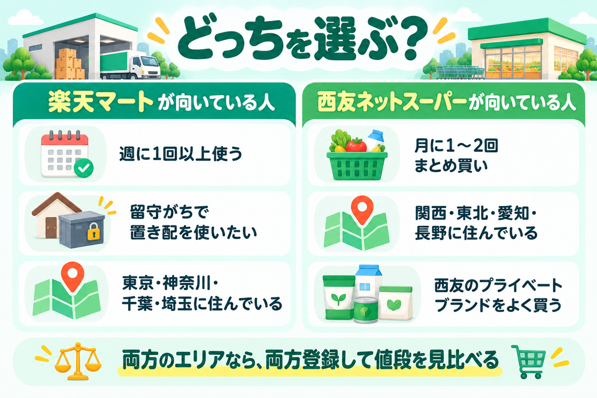 楽天マートと西友ネットスーパーのどっちを選ぶか。週1回以上使う・置き配が必要なら楽天マート、月1〜2回まとめ買い・関東以外なら西友ネットスーパー