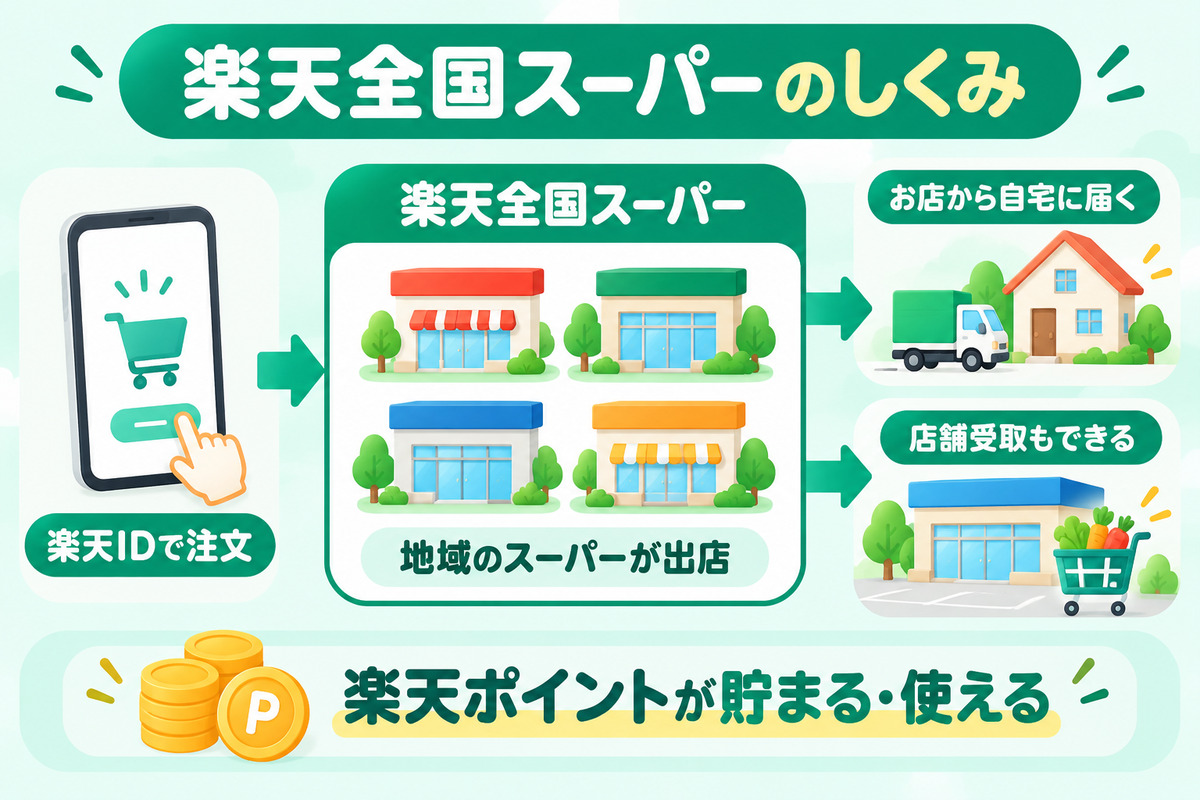 楽天全国スーパーのしくみ。楽天IDで注文すると、出店している地域のスーパーの店舗から自宅に届く。店舗受取なら近くのお店で受け取れる。楽天ポイントが貯まる・使える