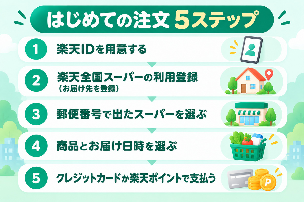 楽天全国スーパーのはじめての注文5ステップ。楽天IDを用意し、利用登録でお届け先を登録、郵便番号で出たスーパーを選び、商品とお届け日時を選んで、クレジットカードか楽天ポイントで支払う