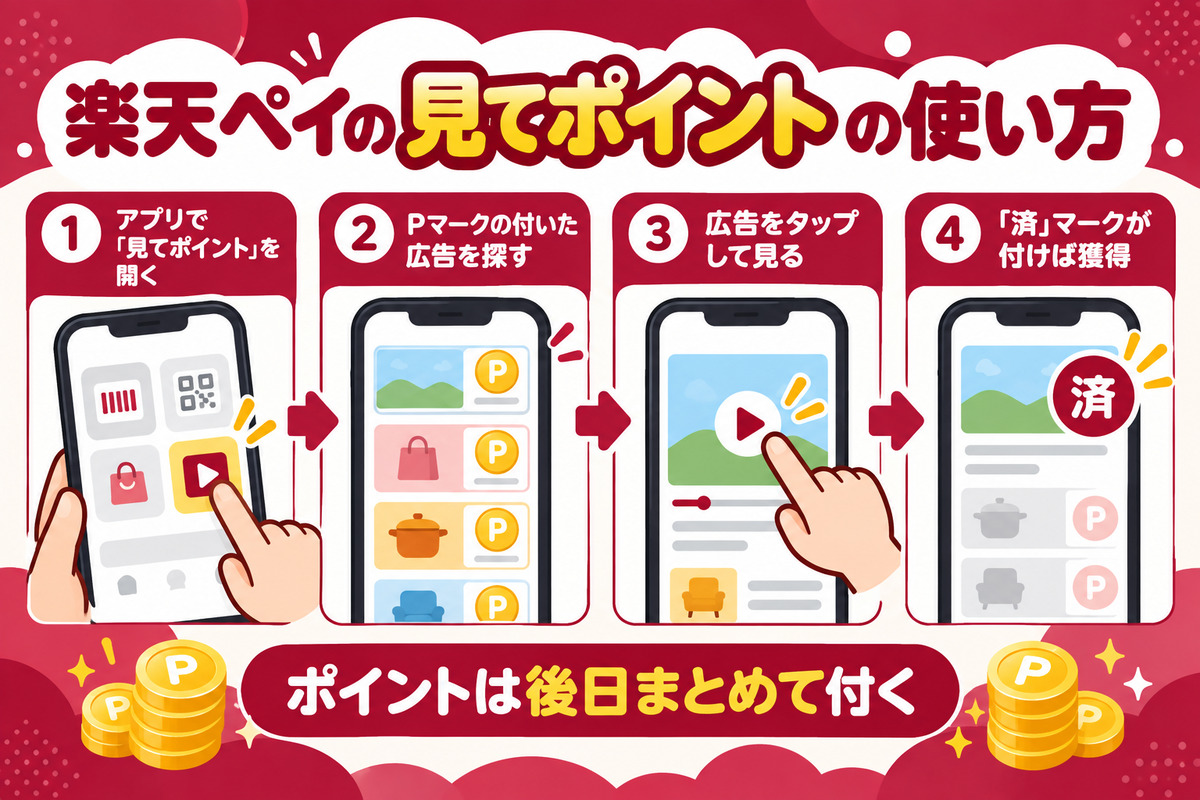 楽天ペイの見てポイントの使い方。アプリで見てポイントを開き、Pマークの広告をタップし、済マークが付けば獲得、ポイントは後日付与