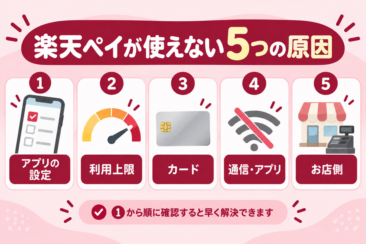 楽天ペイが使えない5つの原因。アプリの設定・利用上限・カード・通信とアプリ・お店側