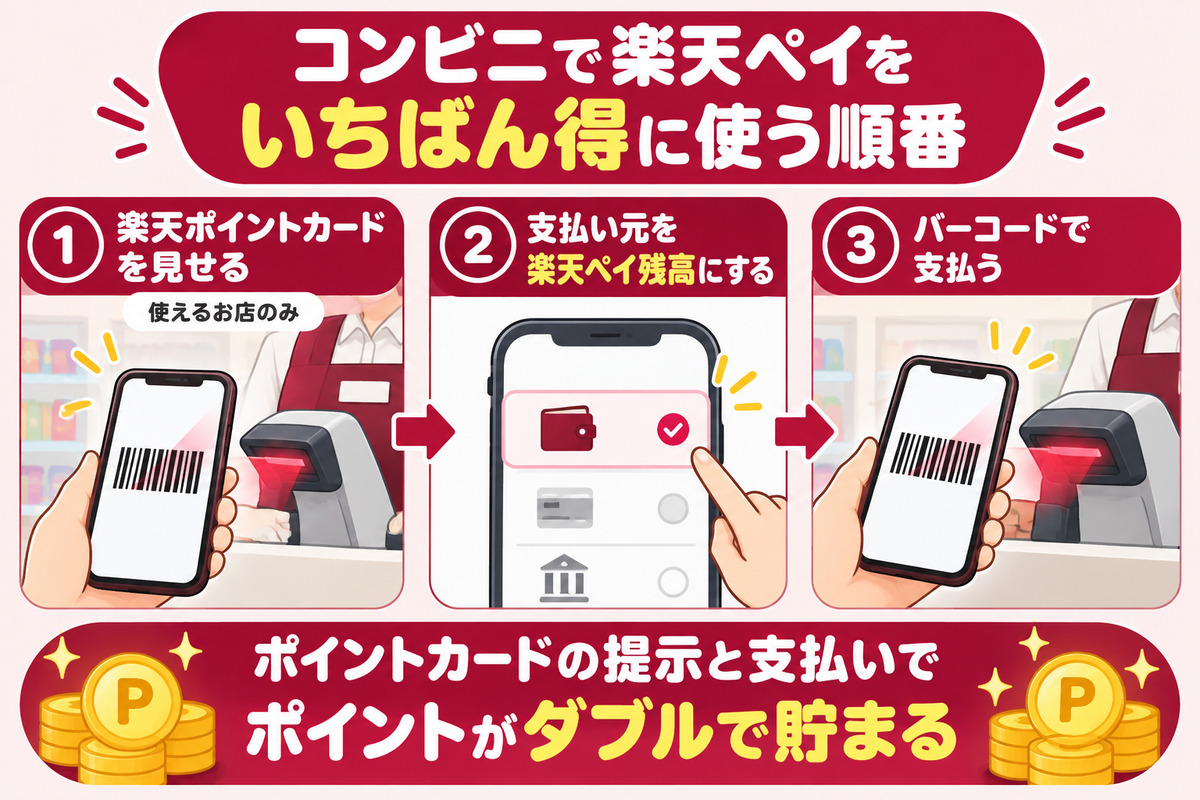 コンビニで楽天ペイをいちばん得に使う順番。使えるお店なら楽天ポイントカードを提示し、支払い元を楽天ペイ残高にしてバーコードで払う
