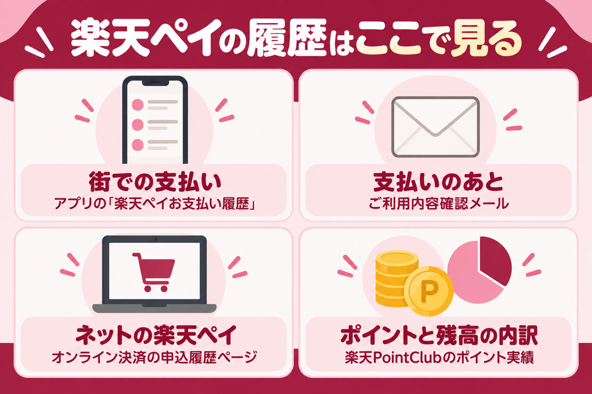 楽天ペイの履歴を見る場所。街の支払いはアプリの楽天ペイお支払い履歴、確認メール、ネット決済は申込履歴ページ、ポイントと残高の内訳は楽天PointClub