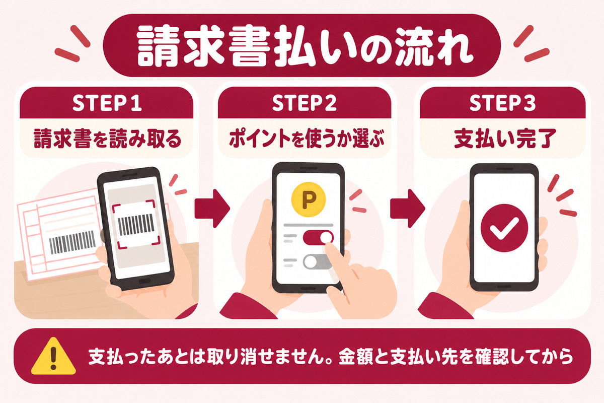 楽天ペイの請求書払いの流れ。請求書を読み取り、ポイントを使うか選んで、支払いを完了する