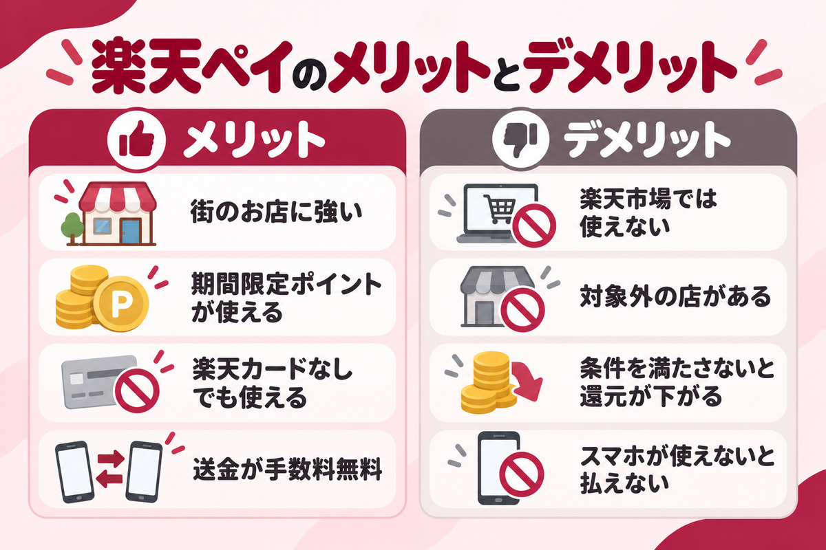楽天ペイのメリットとデメリットの比較。街のお店に強くポイントカード提示と重ねられる一方、楽天市場では使えず対象外の店や支払いがある