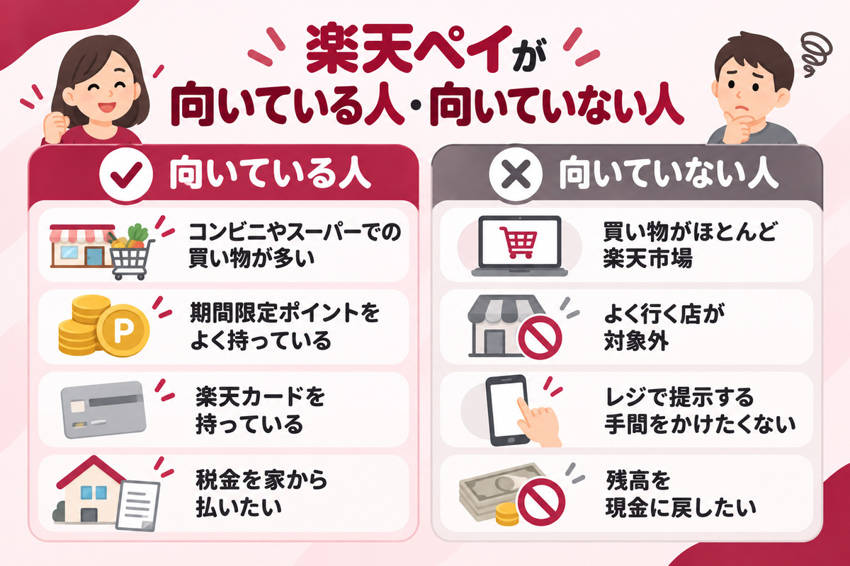 楽天ペイが向いている人と向いていない人。街での買い物が多い人や期間限定ポイントを持つ人は向き、楽天市場中心の人や対象外店舗をよく使う人は不向き