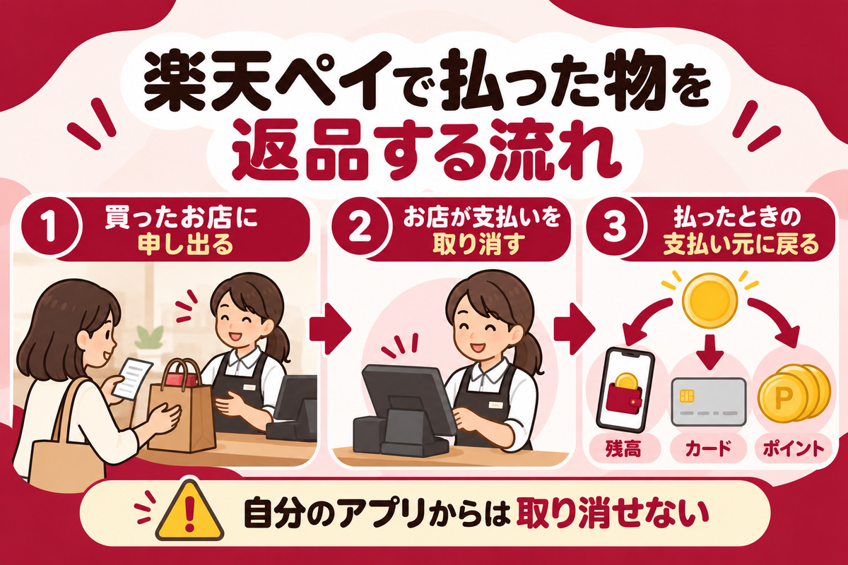 楽天ペイで払った物を返品する流れ。お店に申し出る、お店が支払いを取り消す、払ったときの支払い元に返金される