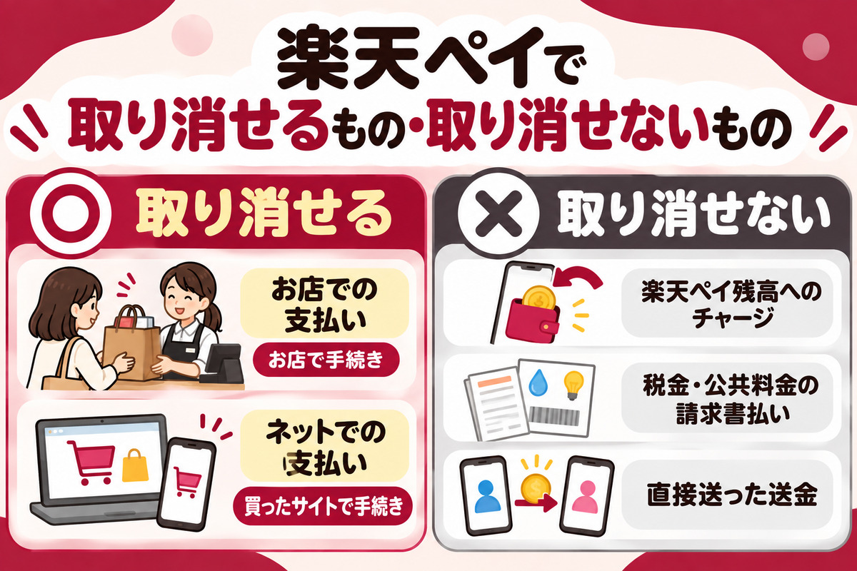楽天ペイで取り消せるもの・取り消せないもの。お店での支払いはお店で取り消せる一方、チャージ・請求書払い・直接送った送金は取り消せない