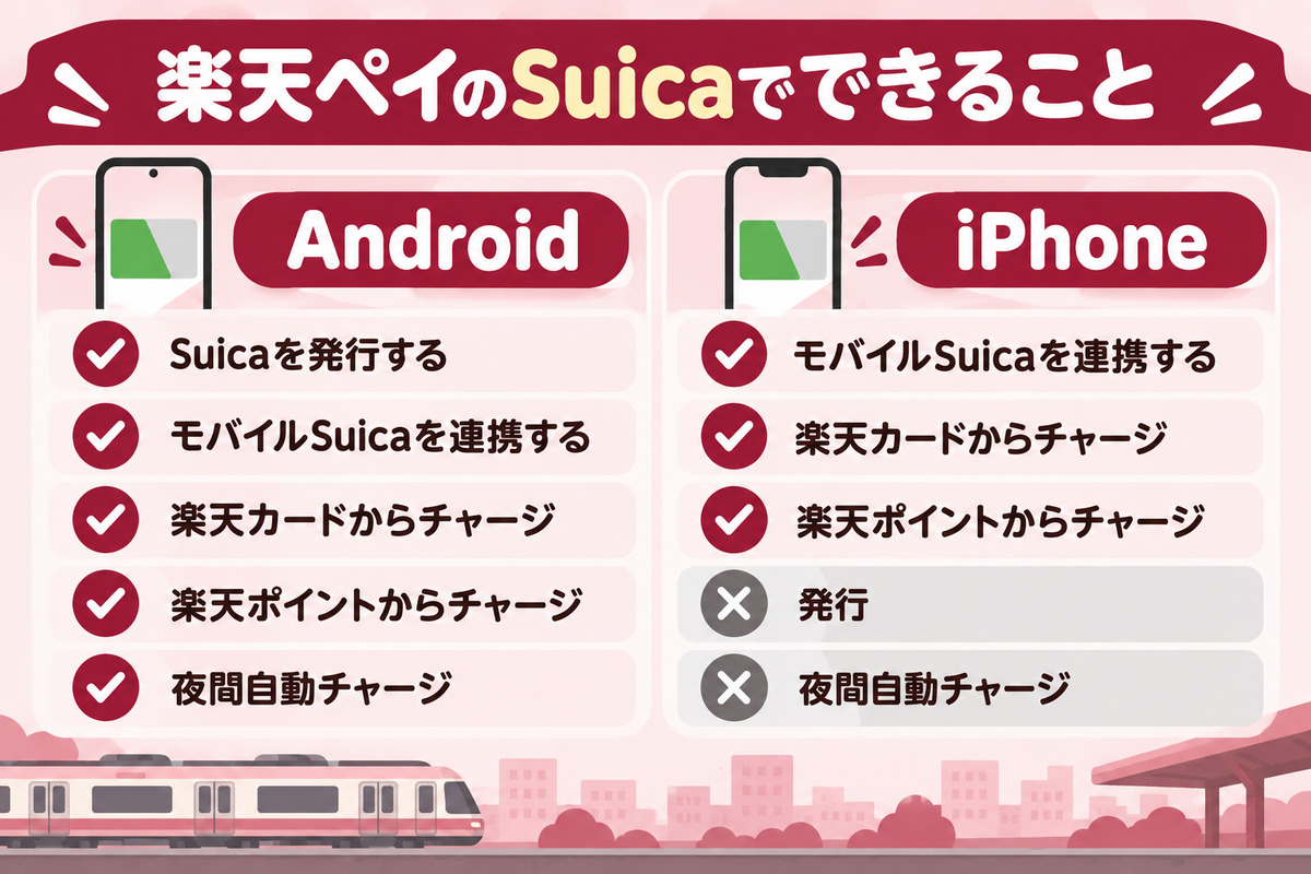 楽天ペイのSuicaでできること。Androidは発行・連携・カードチャージ・ポイントチャージ・夜間自動チャージ、iPhoneは連携・カードチャージ・ポイントチャージ