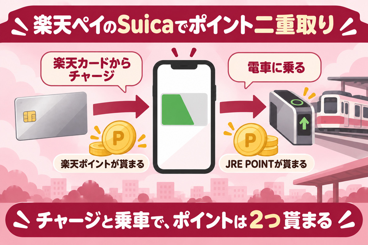楽天ペイのSuicaのポイント二重取り。楽天カードからのチャージで楽天ポイント、JR東日本の電車に乗ってJRE POINT