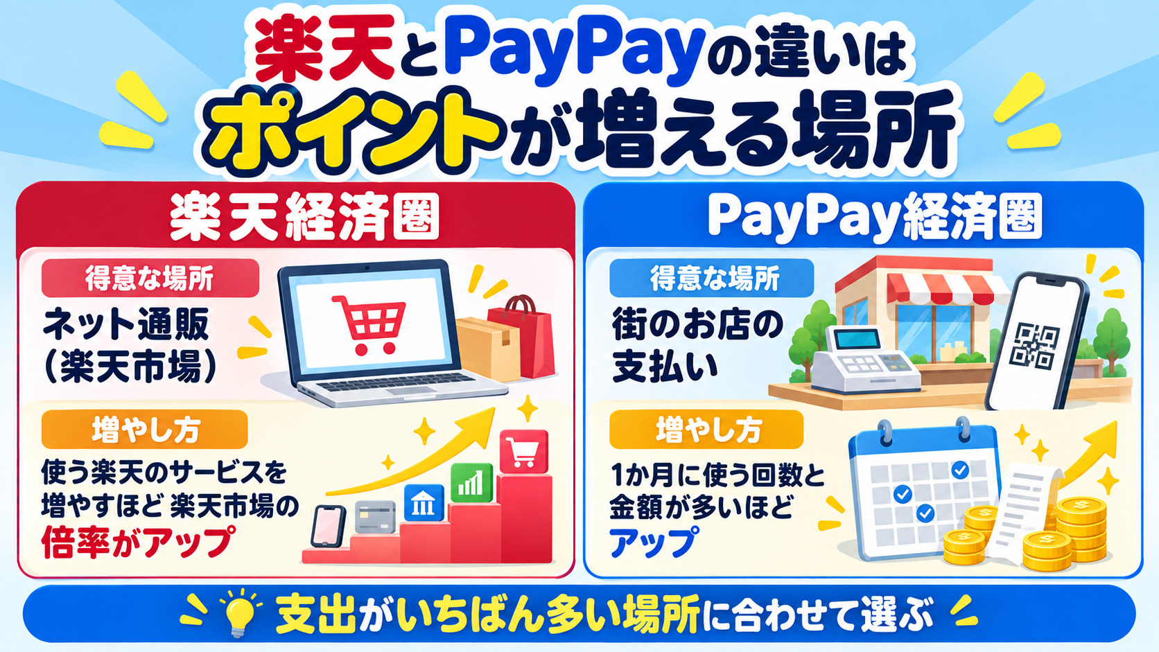 楽天経済圏とPayPay経済圏の違いはポイントが増える場所 楽天はネット通販で使うサービスを増やすほど倍率アップ PayPayは街の支払いで回数と金額に応じてアップ