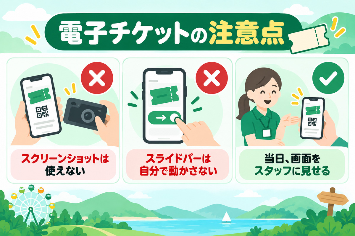 電子チケットはスクリーンショット不可。スライドバーは現地スタッフが操作する