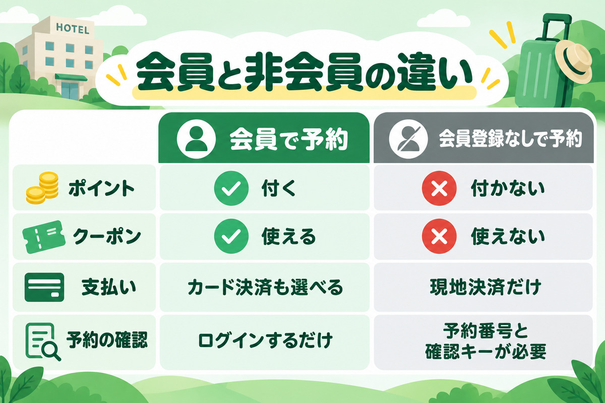 楽天トラベルの会員予約と非会員予約の違い。非会員はポイント・クーポンが使えず支払いは現地決済のみ