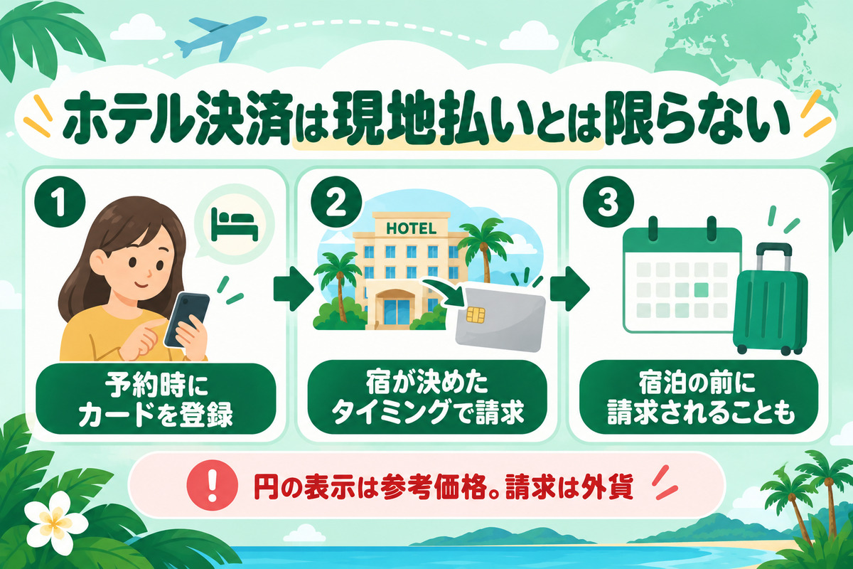 海外ホテルのホテル決済は現地払いとは限らない。宿が決めたタイミングでカードに請求される