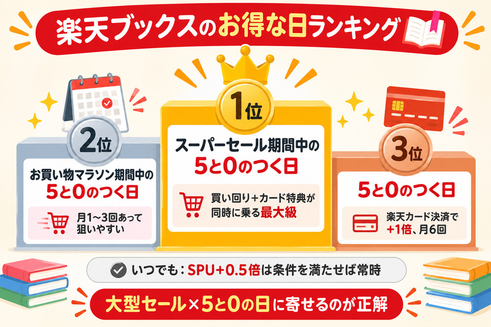 楽天ブックスのお得な日ランキング|1位はスーパーセール期間中の5と0のつく日、2位はお買い物マラソン期間中、3位は5と0のつく日