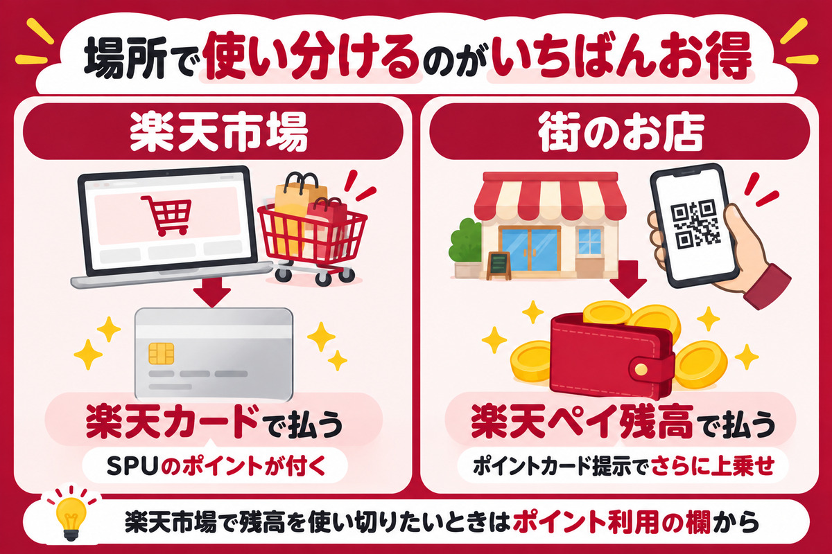 場所で使い分けるのがいちばんお得。楽天市場は楽天カードで払うとSPUのポイントが付き、街のお店は楽天ペイ残高で払ってポイントカード提示分を上乗せ