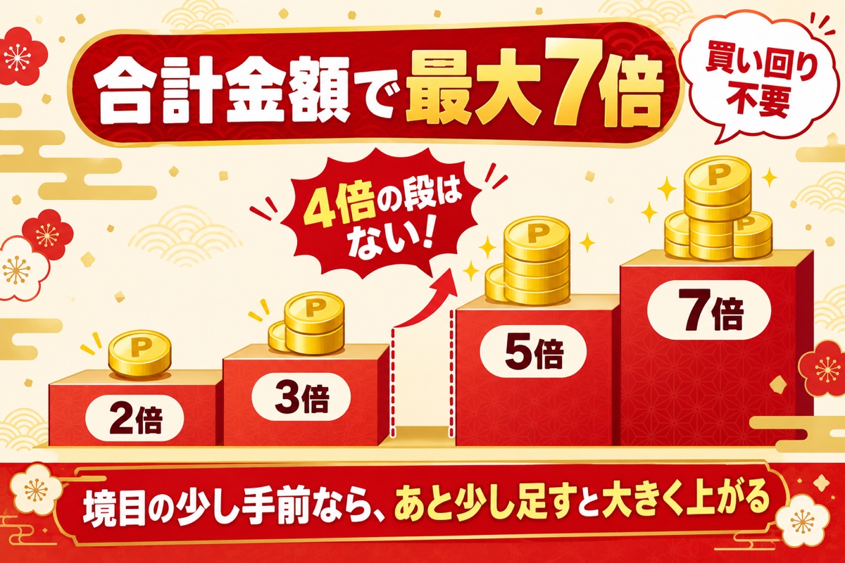 新春ポイントアップ祭は合計金額で最大7倍。2倍・3倍のあとは4倍の段がなくいきなり5倍、その次が7倍。境目の少し手前ならあと少し足すと大きく上がる