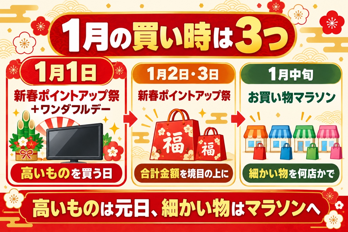 1月の買い時は3つ。1月1日は新春ポイントアップ祭とワンダフルデーが重なり高いものを買う日、2日・3日は合計金額を境目の上に、1月中旬のお買い物マラソンは細かい物を何店かで