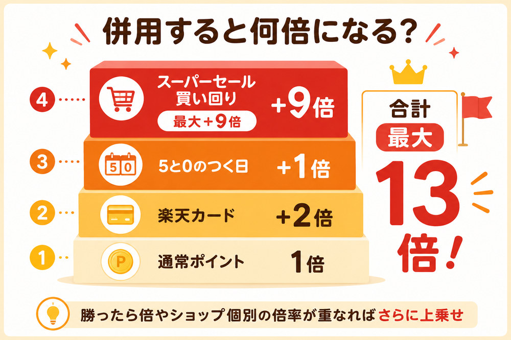 楽天スーパーセールと5と0のつく日を併用すると何倍になる？通常1倍＋楽天カード2倍＋5と0の1倍＋買い回り最大9倍で合計最大13倍