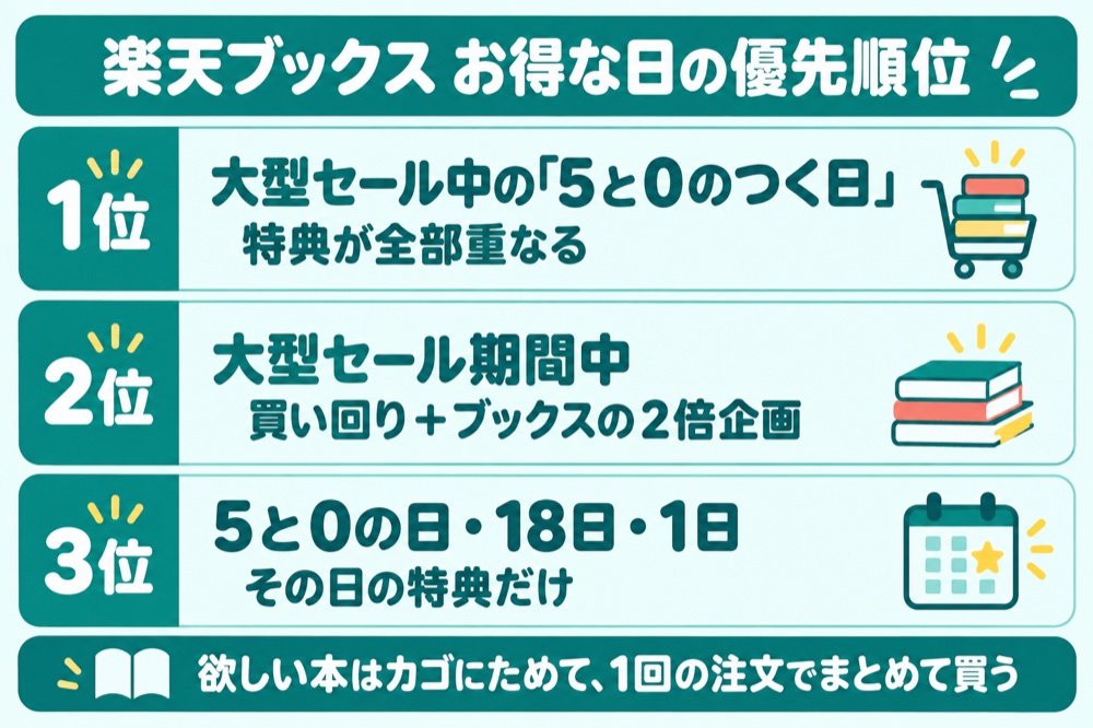 楽天ブックスのお得な日の優先順位（1位 大型セール中の5と0のつく日・2位 大型セール期間中・3位 5と0の日・18日・1日）