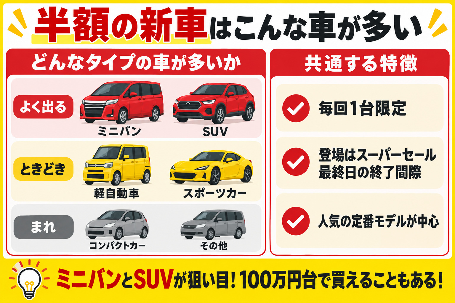 楽天スーパーセールの半額の新車はこんな車が多い タイプ別の傾向と共通する特徴