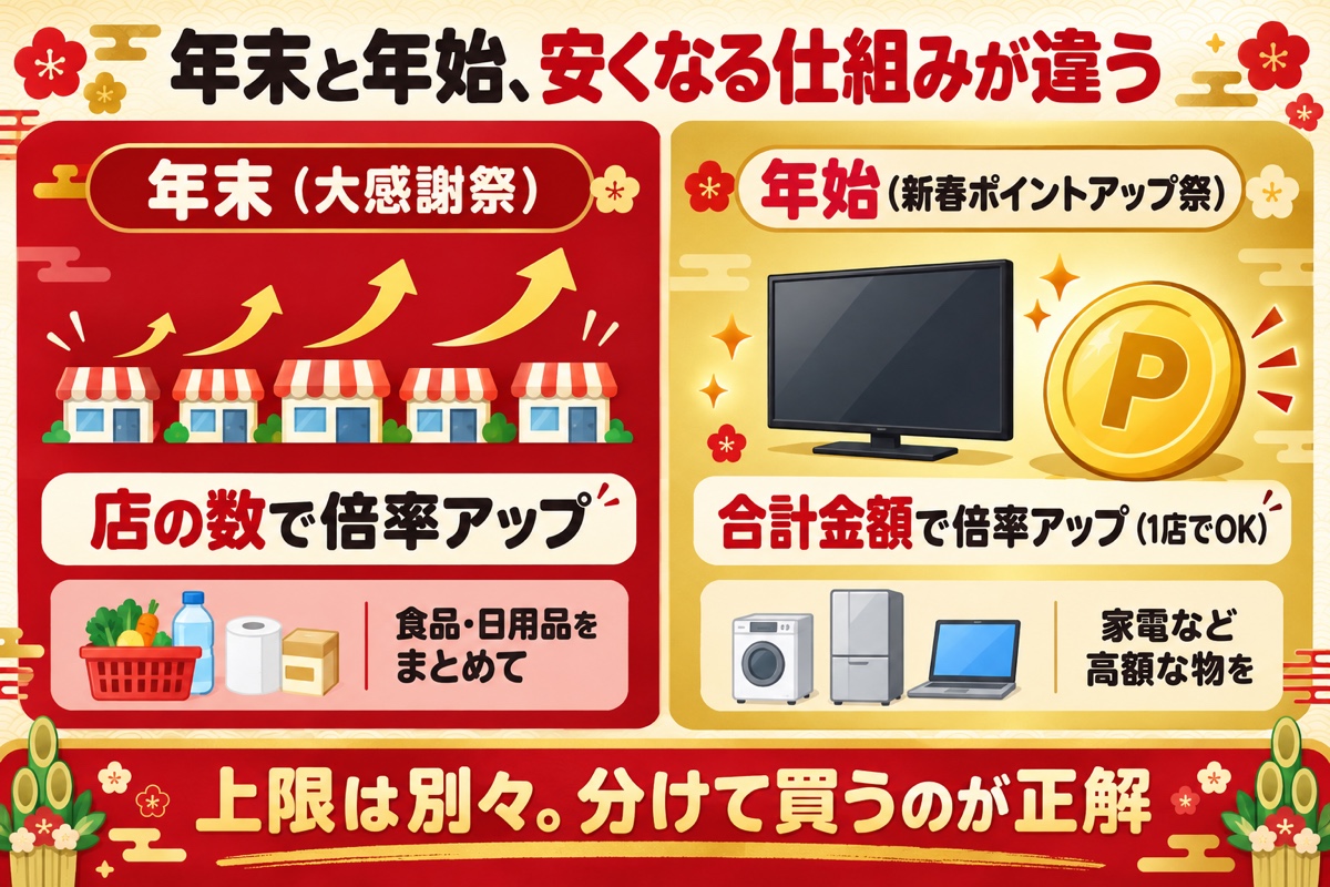 年末と年始の安くなる仕組みの違い。年末（大感謝祭）は店の数で倍率が上がる買い回り、年始（新春ポイントアップ祭）は合計金額で倍率が上がり買い回り不要。上限は別々