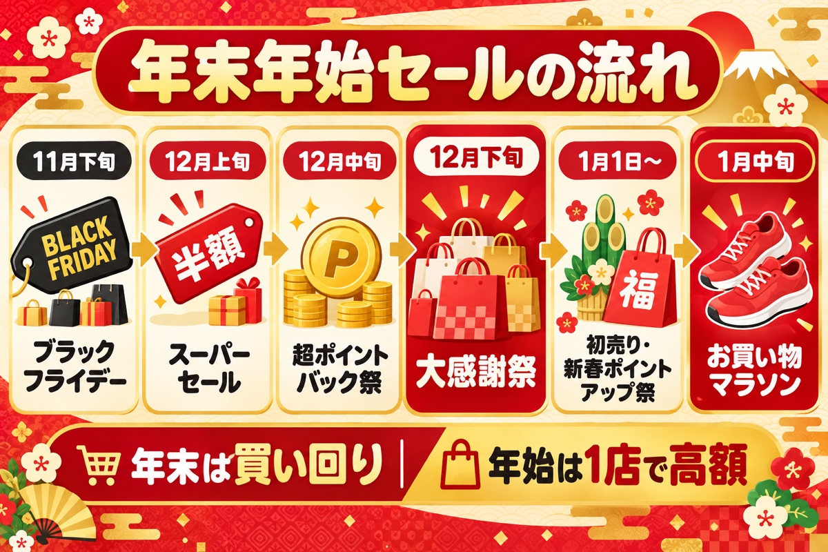 楽天の年末年始セールの流れ。ブラックフライデー→スーパーセール→超ポイントバック祭→大感謝祭→初売り・新春ポイントアップ祭→1月のお買い物マラソン
