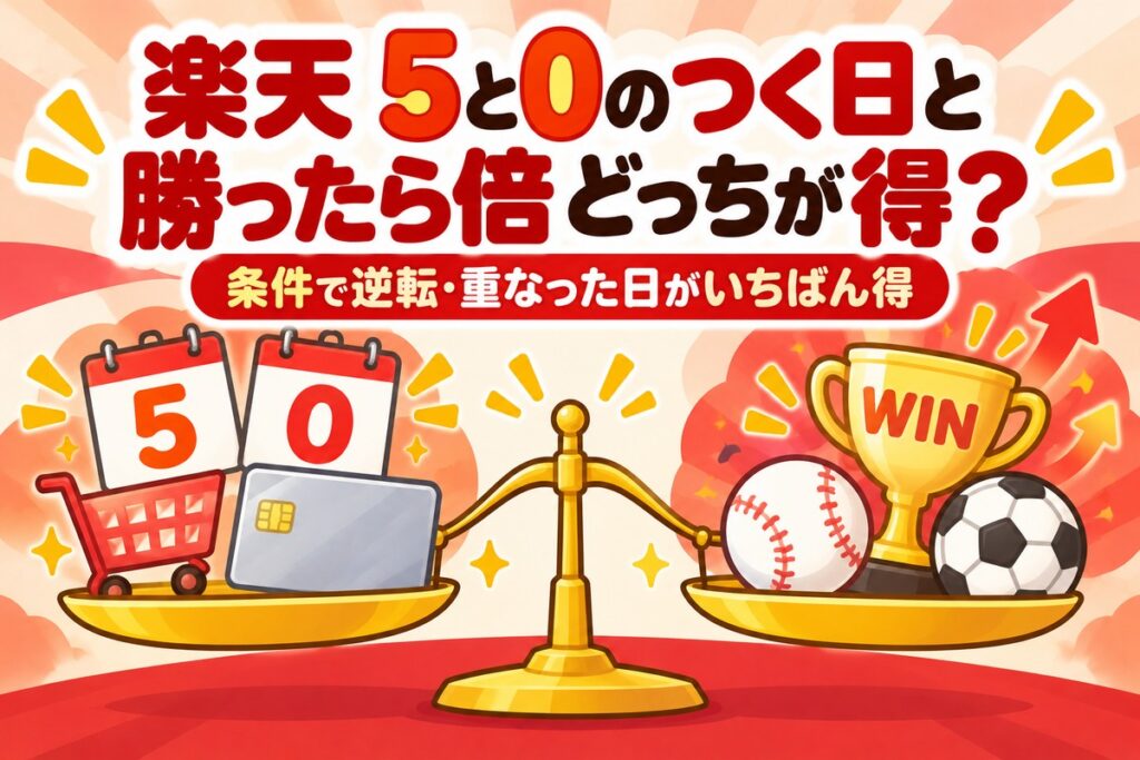 楽天「5と0のつく日」と「勝ったら倍」はどっちが得？上乗せは同じ+1倍・W勝利や支払い方で逆転【早見表・計算機】