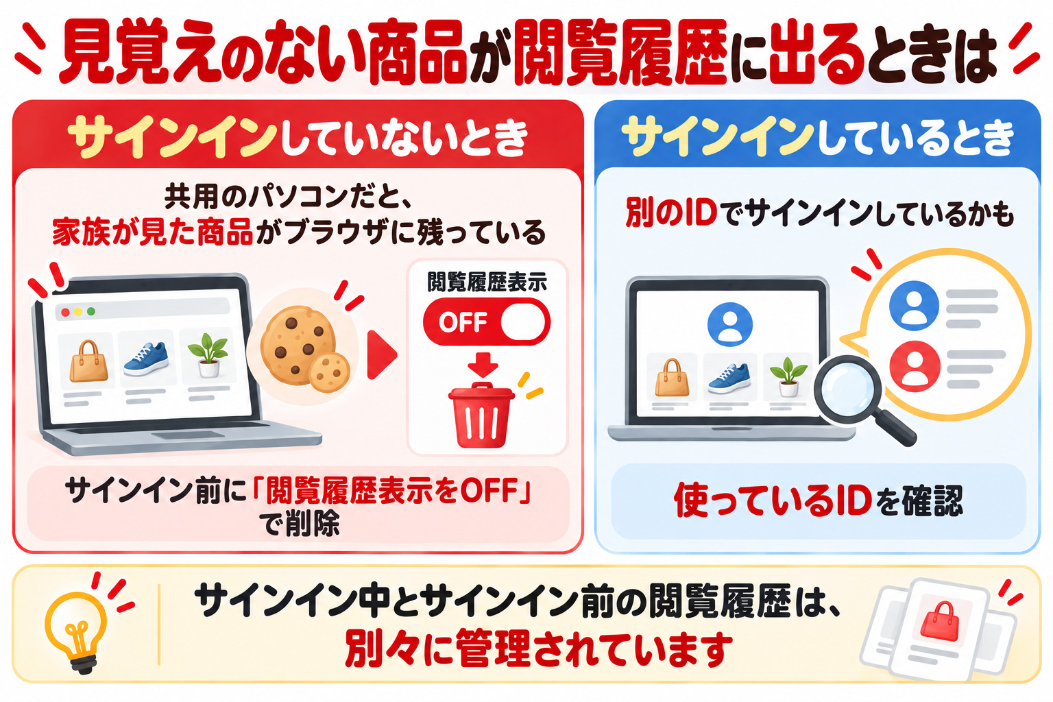 見覚えのない商品が閲覧履歴に出るときは サインインしていないとき 共用のパソコンだと家族が見た商品がブラウザに残っている サインイン前に閲覧履歴表示をOFFで削除 サインインしているとき 別のIDでサインインしているかも 使っているIDを確認 サインイン中とサインイン前の閲覧履歴は別々に管理されています
