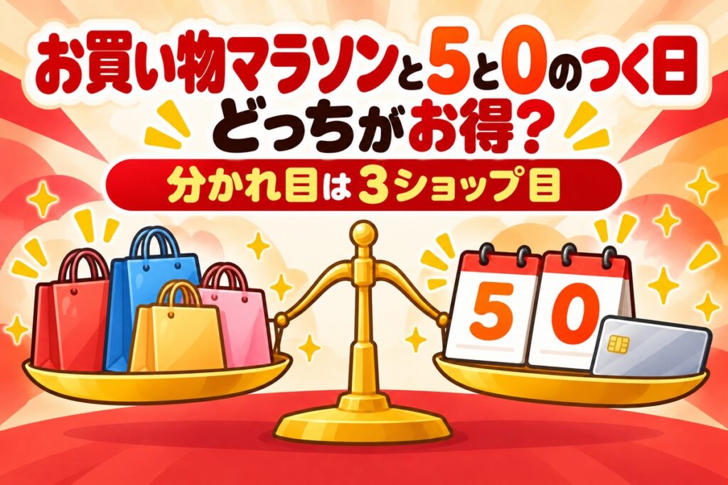 お買い物マラソンと5と0のつく日どっちがお得？分かれ目は3ショップ目・待つべきかの答えも【早見表・計算機つき】