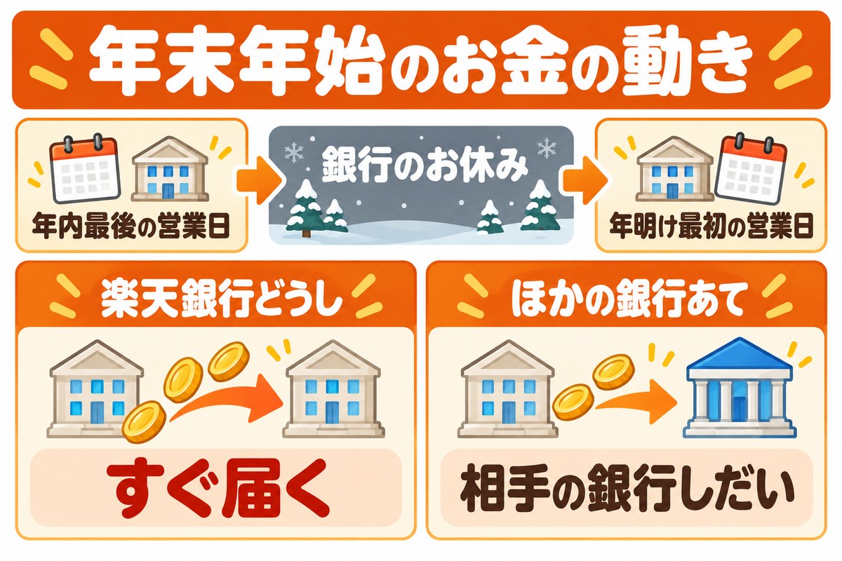 年末年始のお金の動き|年内最後の営業日→銀行のお休み→年明け最初の営業日。楽天銀行どうし=すぐ届く/ほかの銀行あて=相手の銀行しだい
