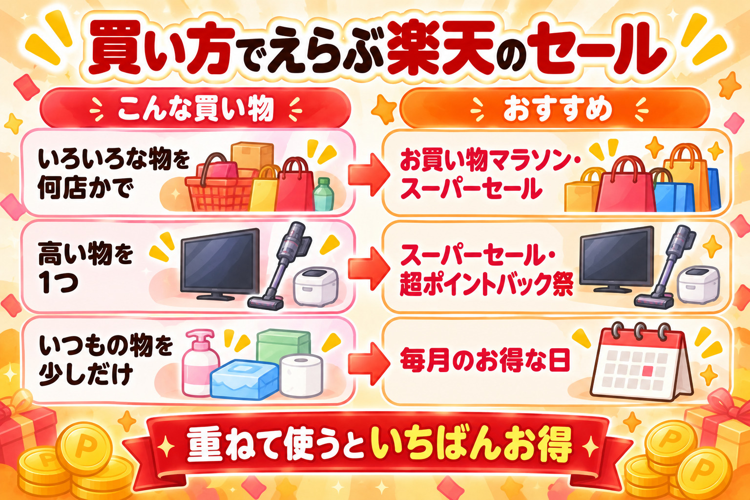 買い方でえらぶ楽天のセール いろいろな物を何店かでならお買い物マラソン・スーパーセール 高い物を1つならスーパーセール・超ポイントバック祭 いつもの物を少しだけなら毎月のお得な日 重ねて使うといちばんお得