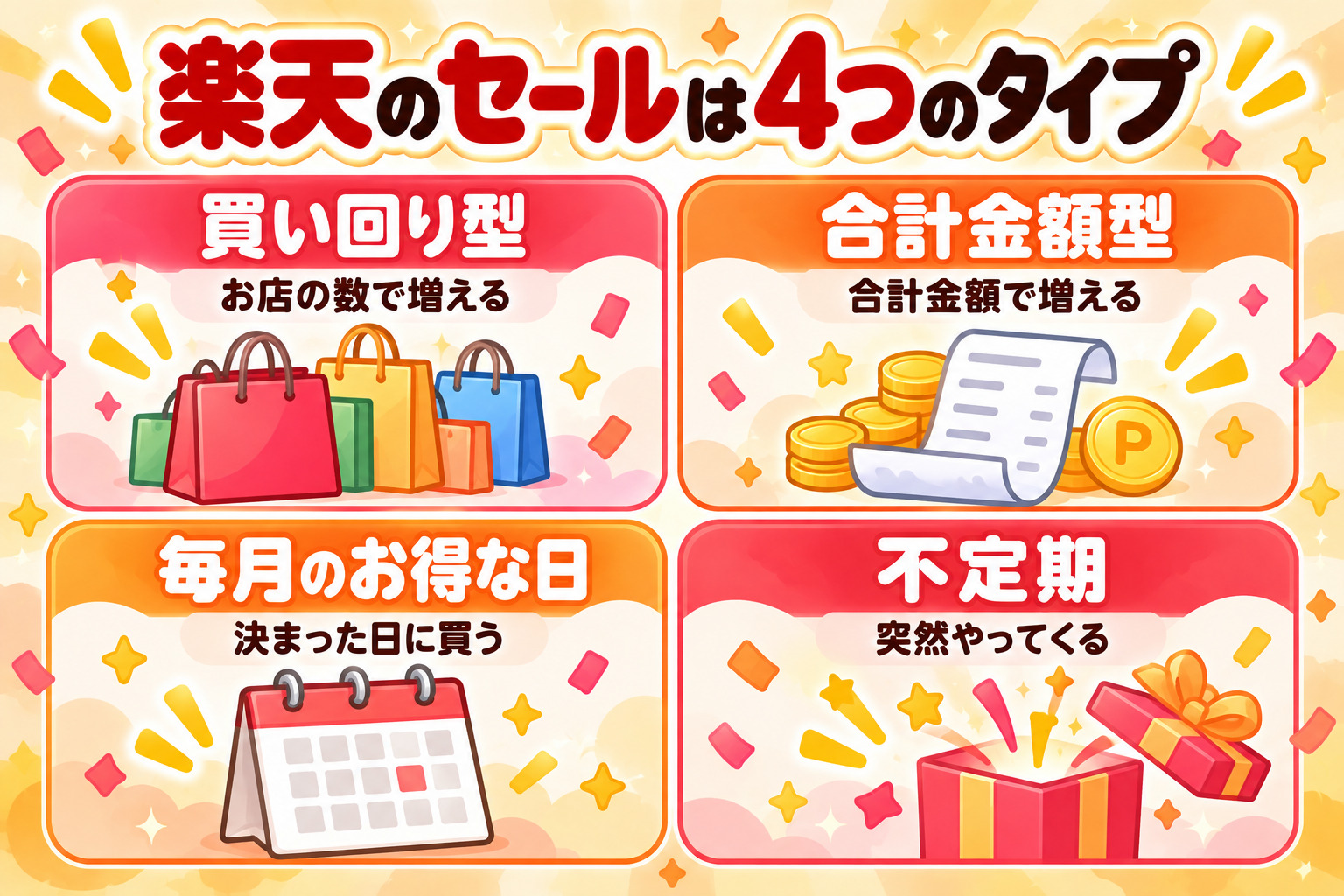 楽天のセールは4つのタイプ 買い回り型はお店の数で増える 合計金額型は合計金額で増える 毎月のお得な日は決まった日に買う 不定期は突然やってくる