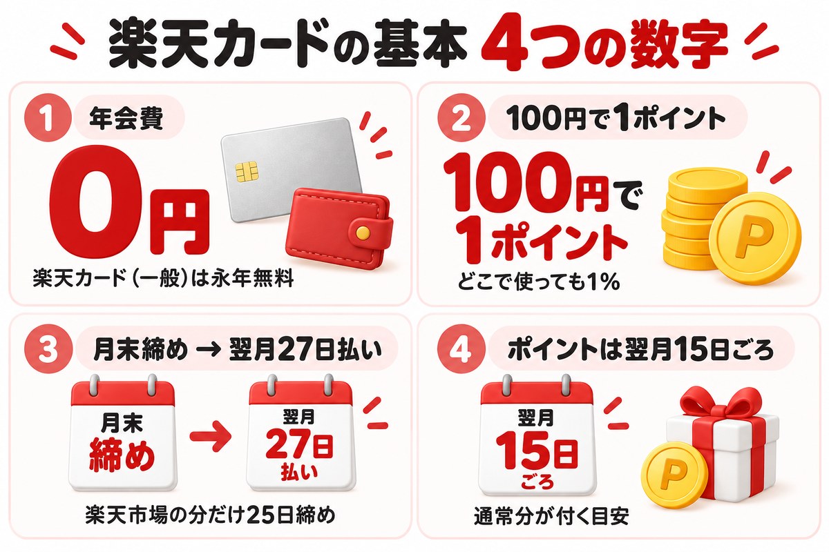 楽天カードの基本 4つの数字 年会費0円 楽天カード（一般）は永年無料 100円で1ポイント どこで使っても1% 月末締め→翌月27日払い 楽天市場の分だけ25日締め ポイントは翌月15日ごろ 通常分が付く目安