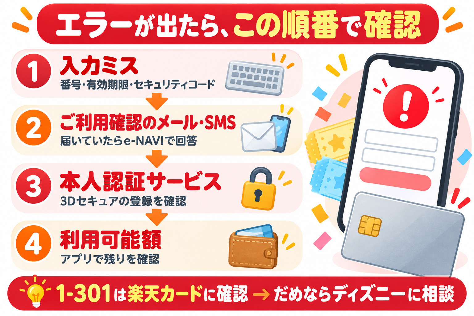 エラーが出たら、この順番で確認 1 入力ミス 番号・有効期限・セキュリティコード 2 ご利用確認のメール・SMS 届いていたらe-NAVIで回答 3 本人認証サービス 3Dセキュアの登録を確認 4 利用可能額 アプリで残りを確認 1-301は楽天カードに確認→だめならディズニーに相談