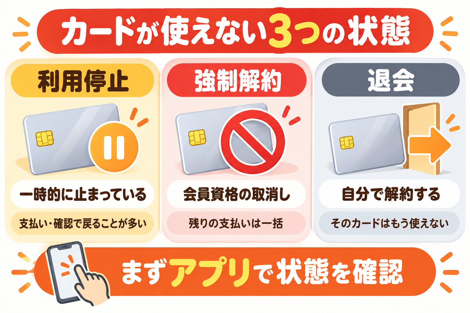 カードが使えない3つの状態 利用停止 一時的に止まっている 支払い・確認で戻ることが多い 強制解約 会員資格の取消し 残りの支払いは一括 退会 自分で解約する そのカードはもう使えない まずアプリで状態を確認