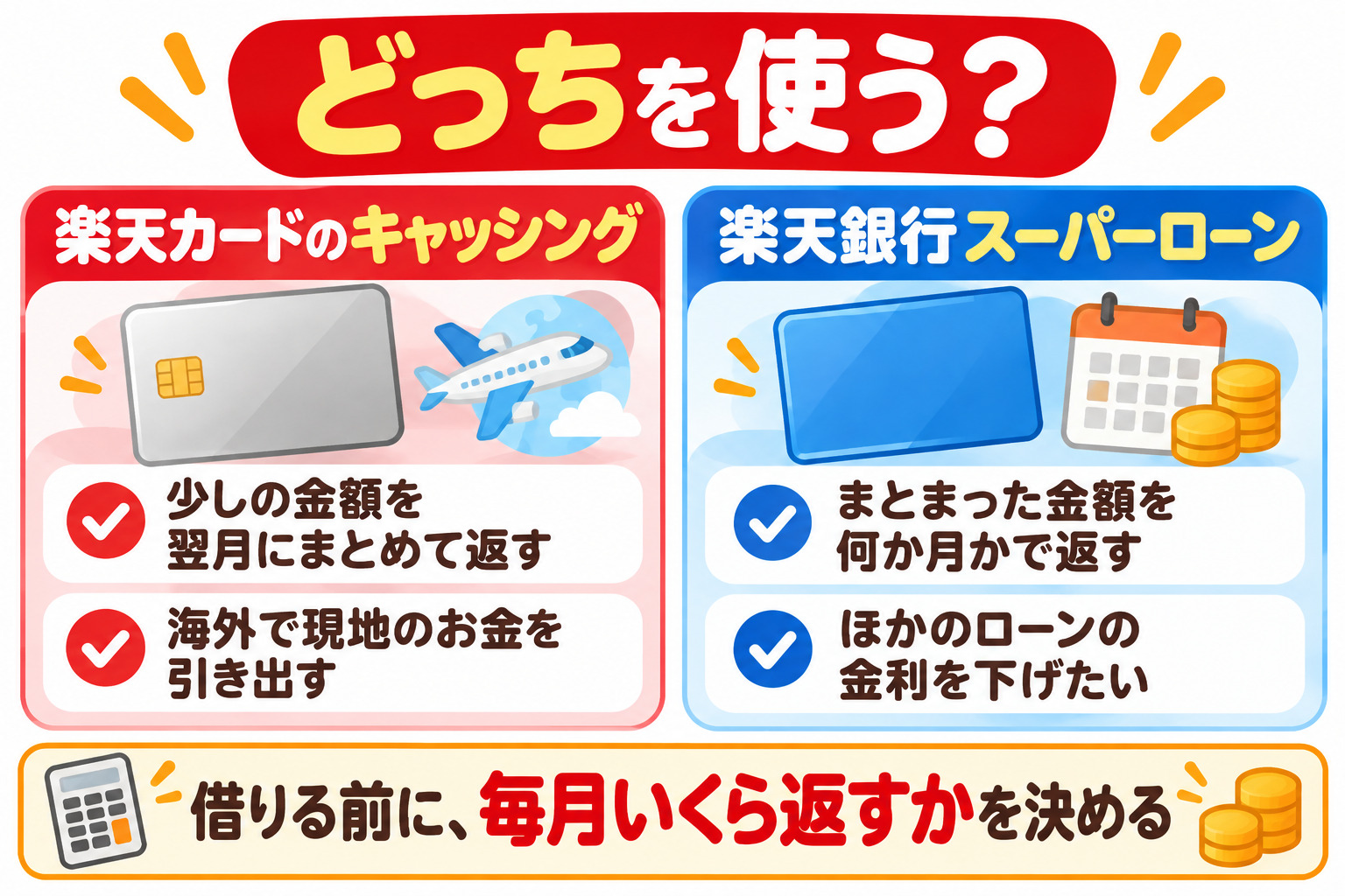 どっちを使う? 楽天カードのキャッシング 少しの金額を翌月にまとめて返す 海外で現地のお金を引き出す 楽天銀行スーパーローン まとまった金額を何か月かで返す ほかのローンの金利を下げたい 借りる前に、毎月いくら返すかを決める