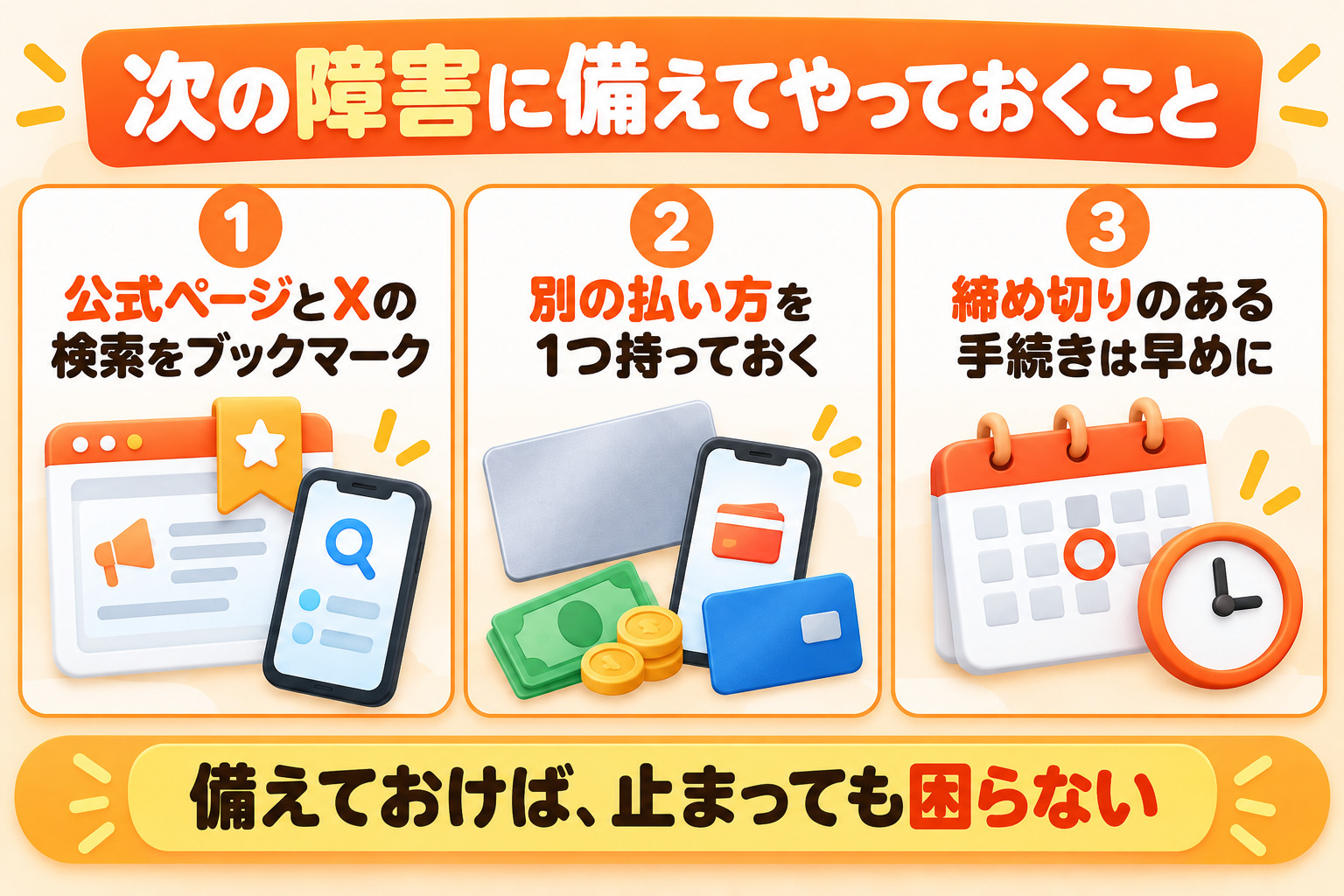 次の障害に備えてやっておくこと 公式ページとXの検索をブックマーク 別の払い方を1つ持っておく 締め切りのある手続きは早めに