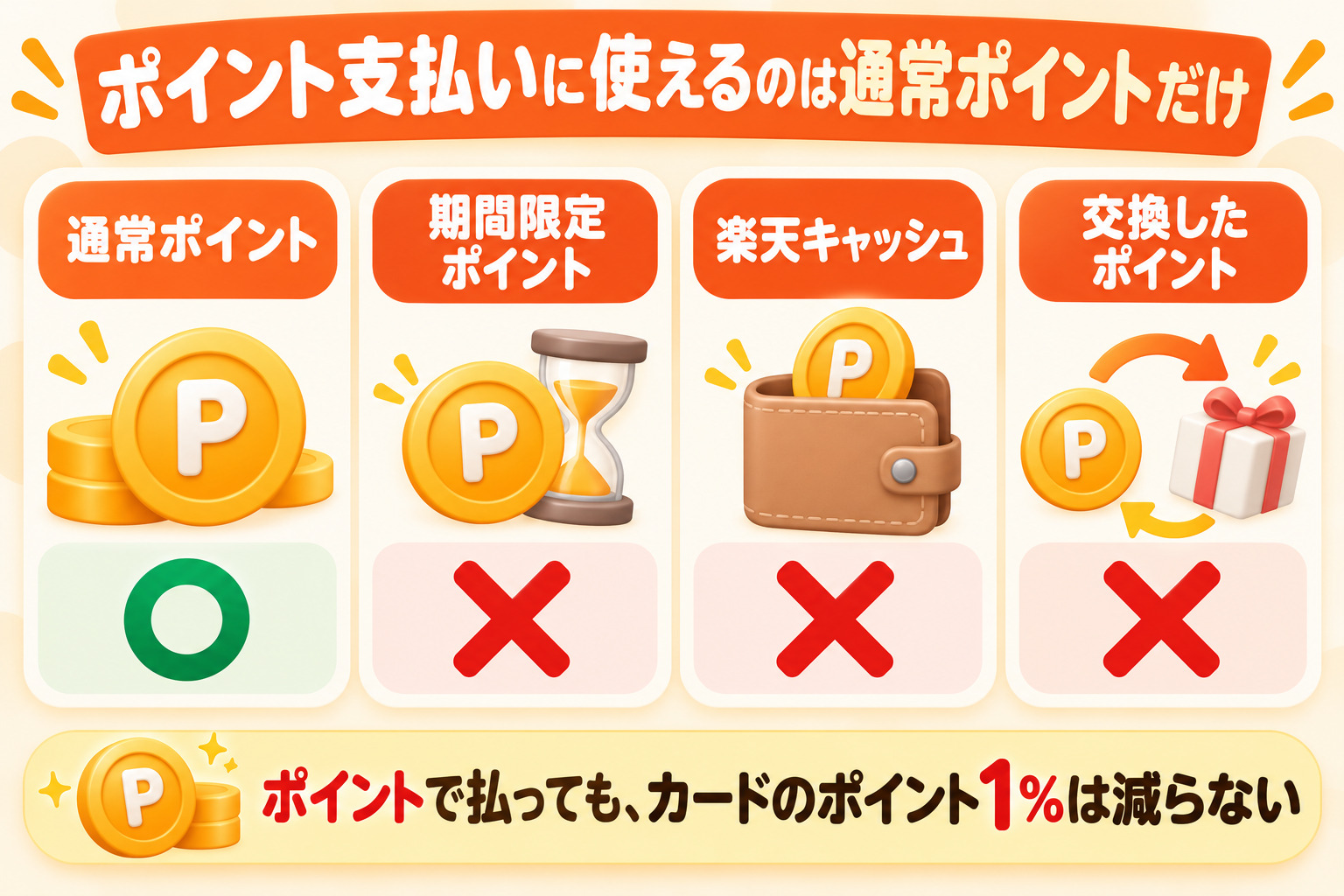 ポイント支払いに使えるのは通常ポイントだけ 通常ポイント○ 期間限定ポイント× 楽天キャッシュ× 交換したポイント× ポイントで払っても、カードのポイント1%は減らない
