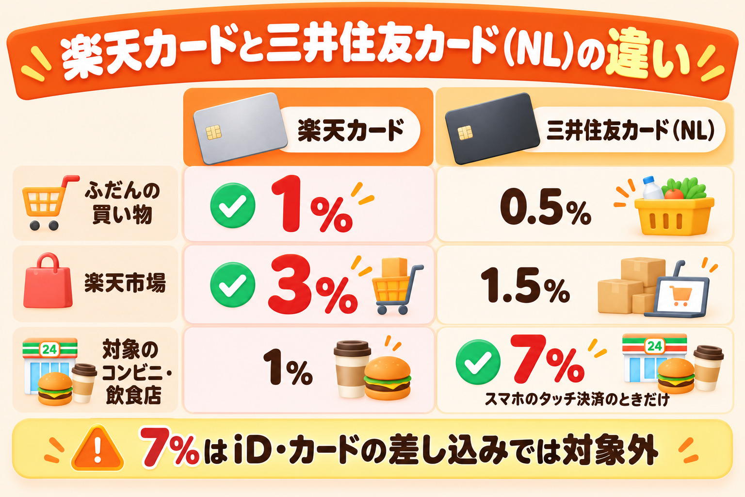 楽天カードと三井住友カード（NL）の違い ふだんの買い物 楽天カード1% 三井住友0.5% 楽天市場 3%と1.5% 対象のコンビニ・飲食店 1%と7%（スマホのタッチ決済のときだけ） 7%はiD・カードの差し込みでは対象外